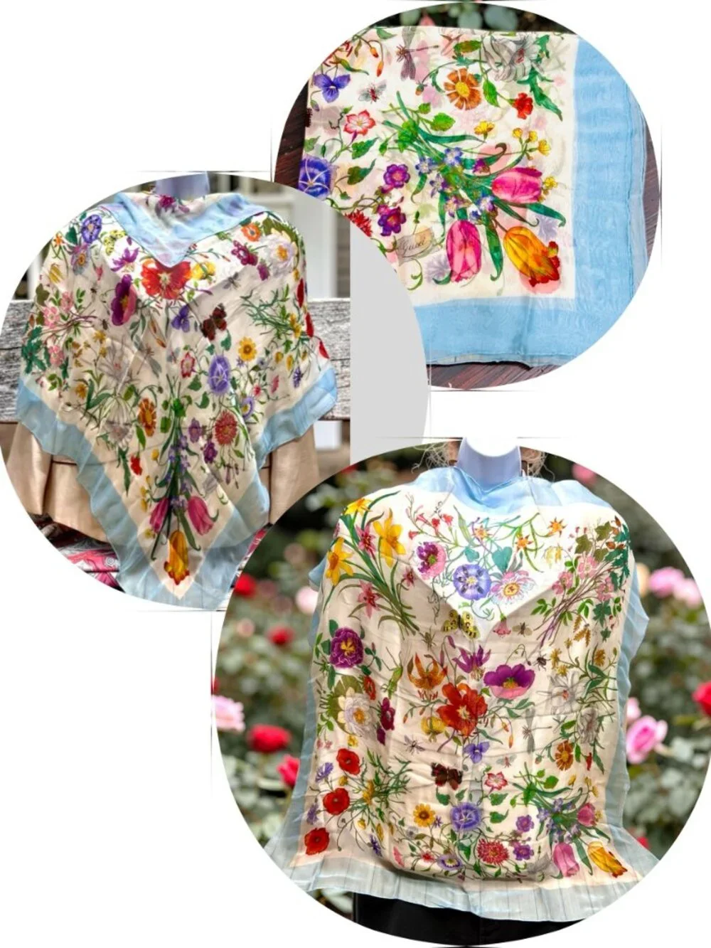 Beautiful Gucci V. ACCORNERO Floral Silk Chiffon Scarf Light Blue Green Pink (20